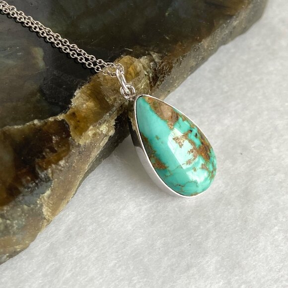 Sterling Silver 925 Southwest Bezel Set Turquoise Cabochon Pendant Necklace 18" - Picture 7 of 16